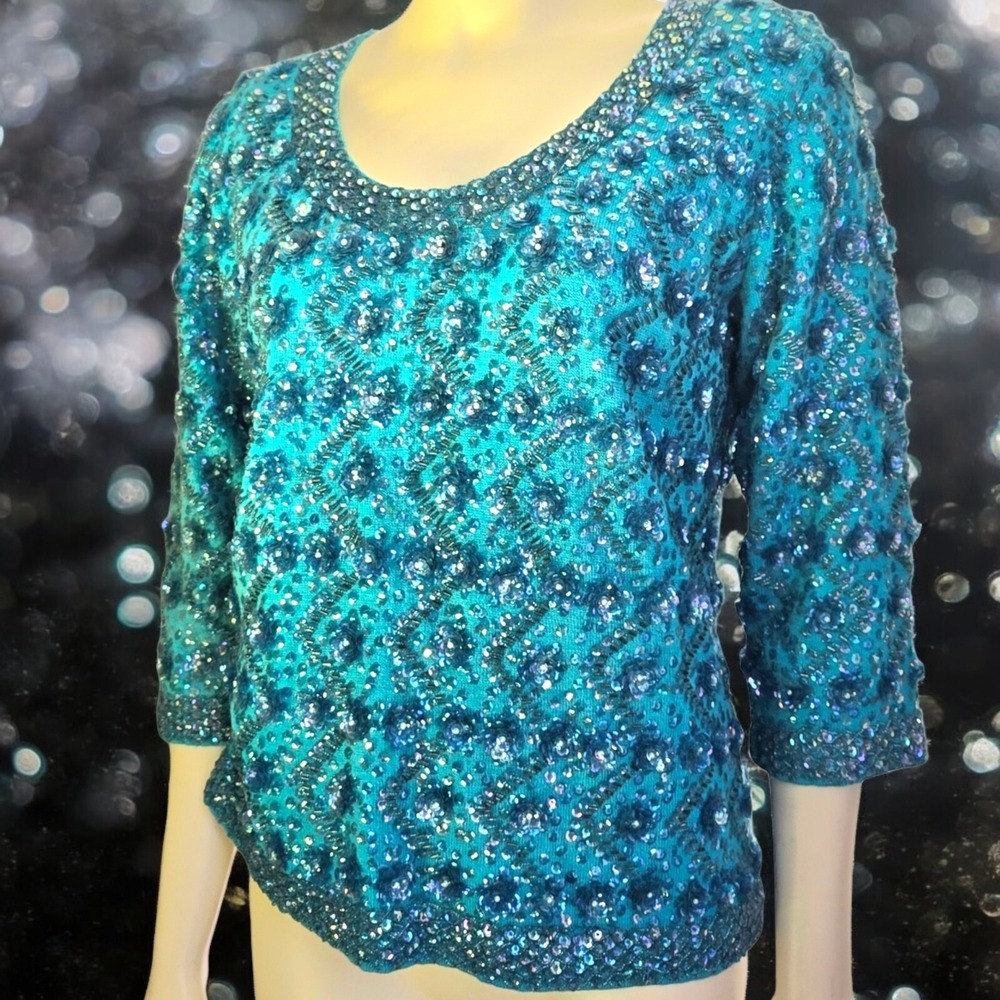 Vintage 60s Wool Beaded Sequin Sweater Back Zip Turquoise Silk-lined By Cavanagh